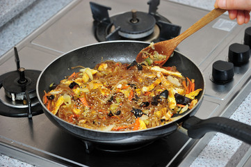 Japchae, mixed dish of boiled bean threads