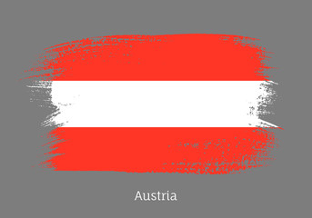 Austria official flag in shape of paintbrush stroke. Austrian national identity symbol. Grunge brush blot object isolated on gray background vector illustration. Austria country patriotic stamp.