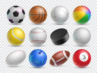 Realistic balls set for various sports games. Tennis, baseball, soccer and ice hockey sports equipment isolated on transparent background. Sports competition and outdoors activity vector illustration.