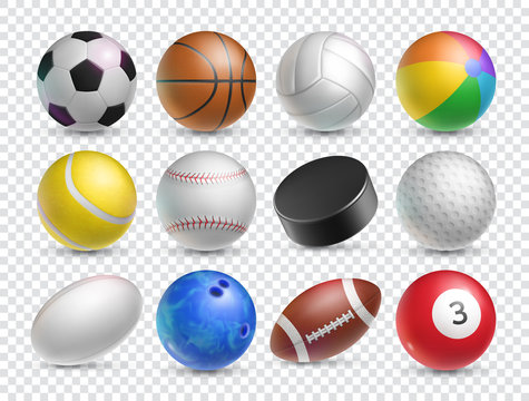 Realistic balls set for various sports games. Tennis, baseball, soccer and ice hockey sports equipment isolated on transparent background. Sports competition and outdoors activity vector illustration.