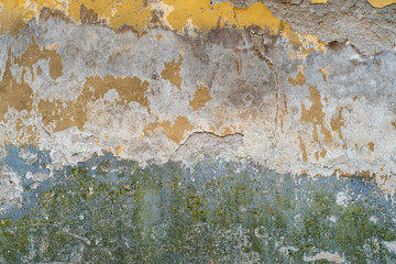 Old wall with partially crumbling plaster, mold and numerous drips