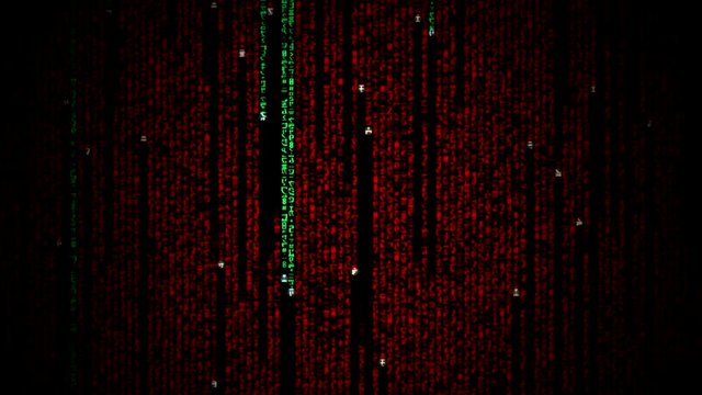Digital virus attack, streaming code zoom  background. Matrix background. Programming / Coding / Hacker concept. Cyberspace green red digital falling lines, abstract background, binary crypto chain.