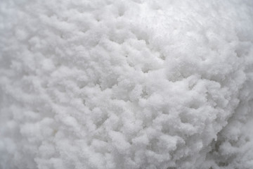 A close-up of the surface of wet snow with large depressions from the past rain