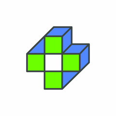 Plus Symbol Logo, Icon. Modern Tech Plus Sign. Cubes Vector Isometric Pictogram. Geometric Plus Shape Vector Icon.