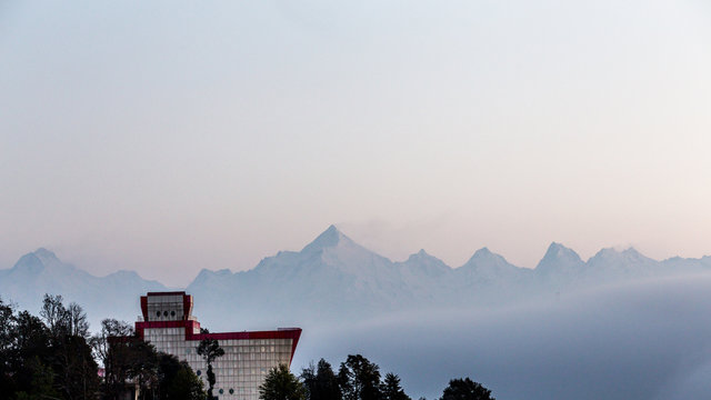Beautiful Landscape of extremely high mountains of Nanda Devi peak of Himalayas covered with heavy snow in winter.