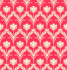 Fototapeta premium Hand drawn Damask Style pattern with leaves, stems, flowers, buds and buttons on fashionable coral red background. Can be used for fabrics, wallpapers, wrapping paper, backdrops and decoration.