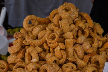 Fried pork skin, typical appetizer from Spain, called torrezno