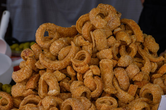 Fried pork skin, typical appetizer from Spain, called torrezno
