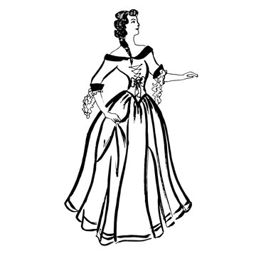 Colorful black and white pattern for coloring. Illustration of a girl dancing an old dance.