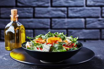healthy salmon arugula blue cheese tomato salad