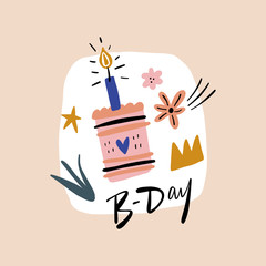 Bday cake and lettering greeting phrase illustration. Vector in scandinavian style