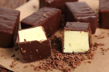 Soft chocolate covered candy filled with soft lemon meringue