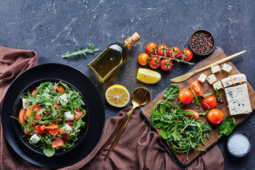 salmon arugula blue cheese salad, top view