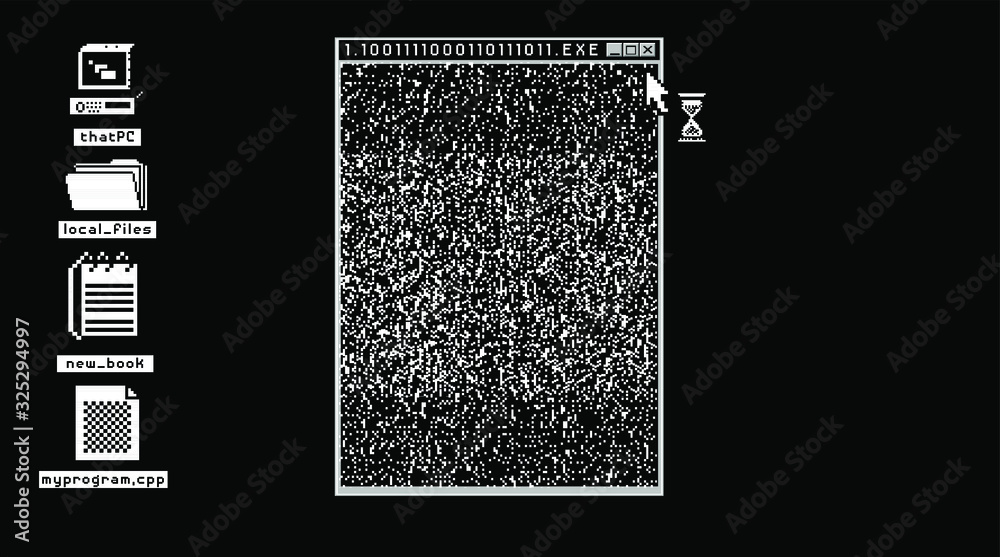Poster Glitched screen with malware computer program. Pixel art style illustration like in old 1-bit black and white images.
