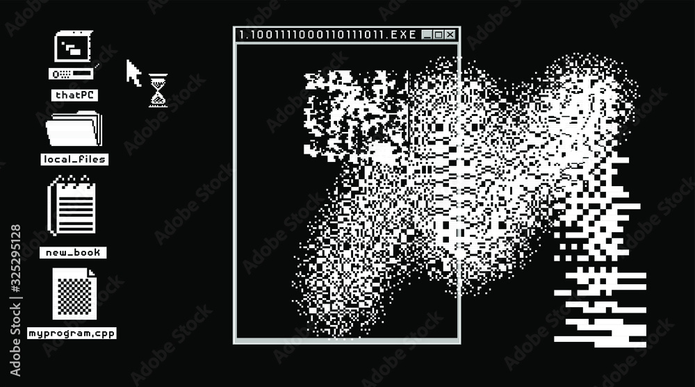 Poster Glitched screen with malware computer program. Pixel art style illustration like in old 1-bit black and white images.