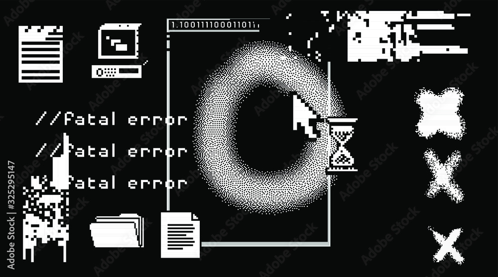 Aufkleber Glitched screen with malware computer program. Pixel art style illustration like in old 1-bit black and white images.