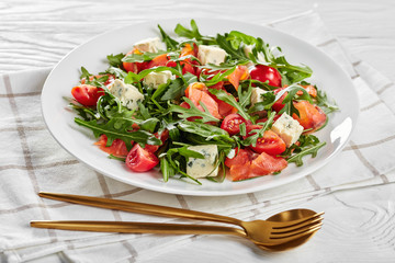 salmon arugula blue cheese salad, top view