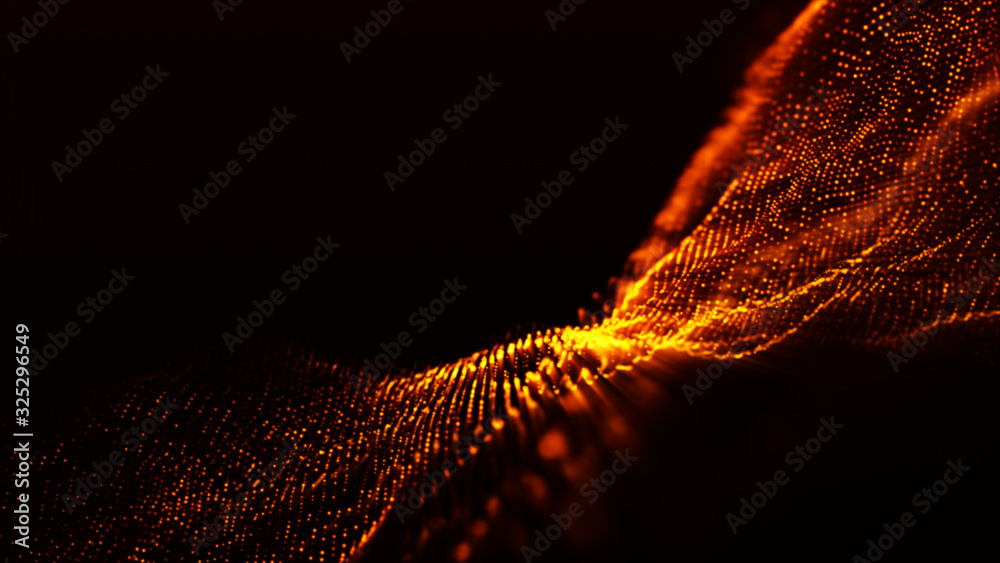 Poster digital particles wave flow gold color with bokeh abstract motion background concept
