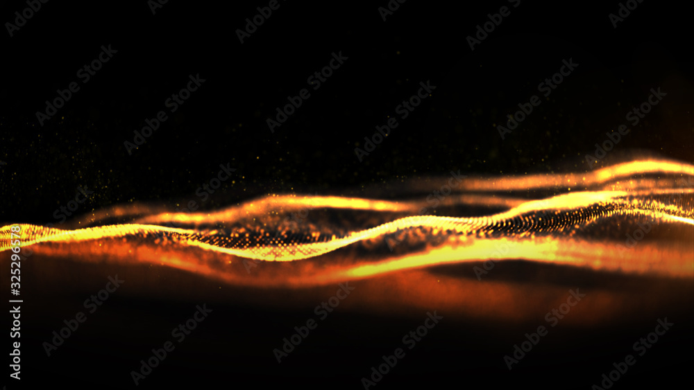 Poster digital particles wave flow gold color with bokeh abstract motion background concept