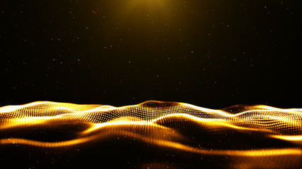 Digital particles wave flow gold color with bokeh abstract motion background concept