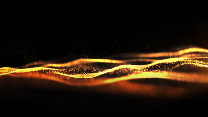 Digital particles wave flow gold color with bokeh abstract motion background concept
