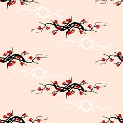 Delicate Japanese-style pattern. Branches with flowers on a pink background, light oriental pattern for fabric, tile, bedding and paper.