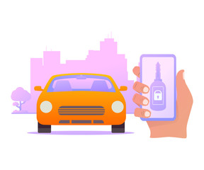 Smart car key security .The smartphone controls wireless auto.Vector illustration concept city skyline with skyscrapers.