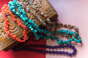 Set of mineral stones as amethyst, rhinestone, turquoise, coral, lapis lazuli , woman accessorize 