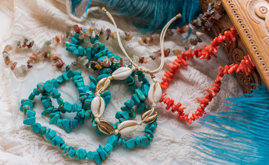 Set of mineral stones as amethyst, rhinestone, turquoise, coral, lapis lazuli , woman accessorize 