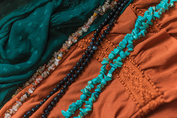 Set of mineral stones as amethyst, rhinestone, turquoise, coral, lapis lazuli , woman accessorize 