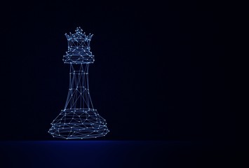 Chess Queen consists of dots and lines that glow blue on a black scene.  Copy space for add text, low poly style, 3D rendering