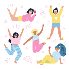 Fototapeta premium Set of different girls in pajamas. Hand drawn cartoon vector illustration with abstract decoration. Sleepover party concept for flyer, invitaion design.