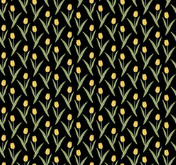 Yellow tulips on a black background vector seamless pattern. 