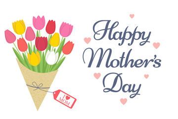 Mother's day greeting card. Bouquet tulips from colorful flowers wrapped in paper for a gift on a white background.
