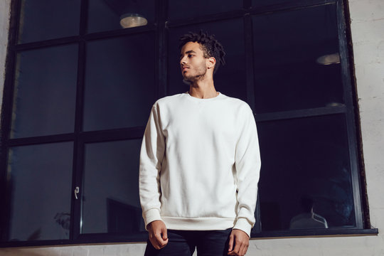 Man In White Blank Sweatshirt. Mock-up.