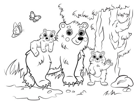 Coloring page outline of cute cartoon bear family. Vector image of bear mom with her cubs on forest background. Coloring book of forest wild animals for kids