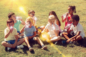Group of children drink water from bottles on the summer lawn