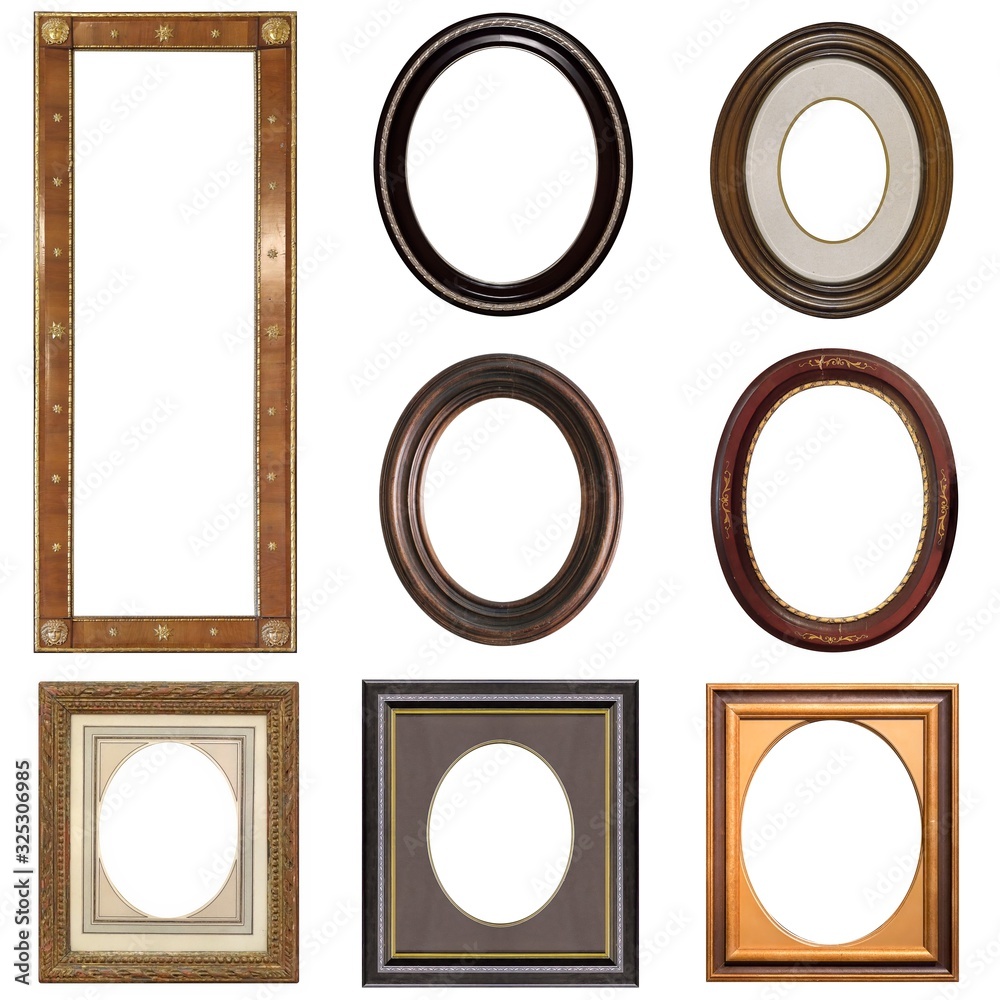 Wall mural set of oval wooden frames for paintings, mirrors or photos isolated on white background