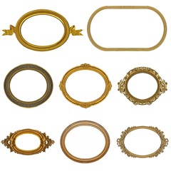 Set of oval golden frames for paintings, mirrors or photos isolated on white background