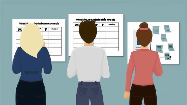 2D animation, back view of three students standing in front of schedule and other information. Young men and women checking available data in university or college. Lifestyle, education concept.