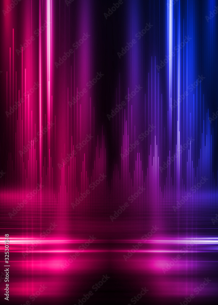 Poster background of an empty show scene. ultraviolet abstract background. geometric neon shapes, equalizer