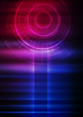 Dark tech abstract background with neon glow. Cyber circle laser figure on abstract background