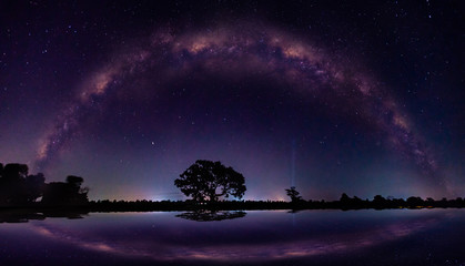 Amazing Panorama blue night sky milky way and star on dark background.Universe filled with stars, nebula and galaxy with noise and grain.Photo by long exposure and select white balance.selection focus