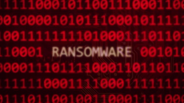 Ransomware text between binary data background red screen with depth of field in 4k