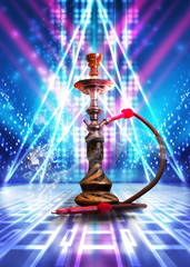 Hookah with smoke on a dark abstract background. Background of party, neon lights, smoke, smog.