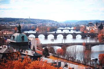 Poster landschap gele herfst praag / panoramisch uitzicht op de rode daken van Praag, het Tsjechische nazomerlandschap met gele bomen © kichigin19
