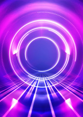 Dark abstract futuristic background. The geometric shape of the cyber circle in the middle of the scene. Neon blue-pink rays of light on a dark background