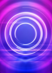 Dark abstract futuristic background. The geometric shape of the cyber circle in the middle of the scene. Neon blue-pink rays of light on a dark background