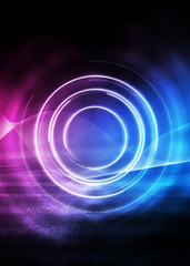 Dark abstract futuristic background. The geometric shape of the cyber circle in the middle of the scene. Neon blue-pink rays of light on a dark background