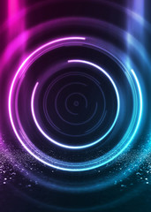 Dark abstract futuristic background. The geometric shape of the cyber circle in the middle of the scene. Neon blue-pink rays of light on a dark background